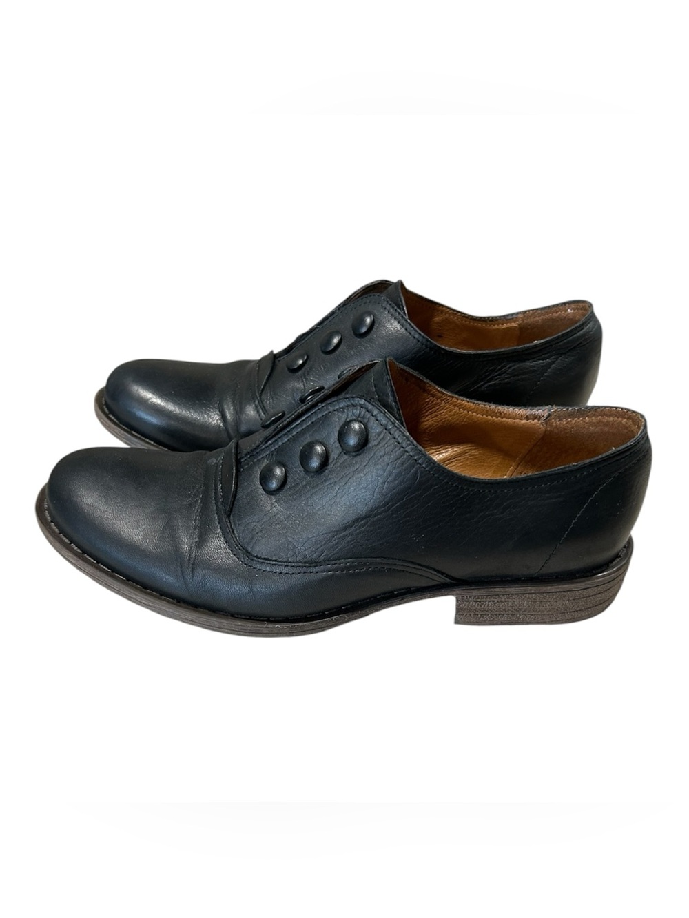 Miz Mooz Lenore Black Leather Oxford Shoes 8.5 Artsy Button Front Lagenlook